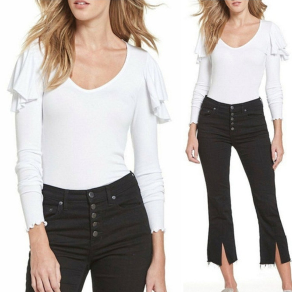Free People On Rewind White Top Ruffle Lettuce Hem XS Stretchy Long Sleeve Basic